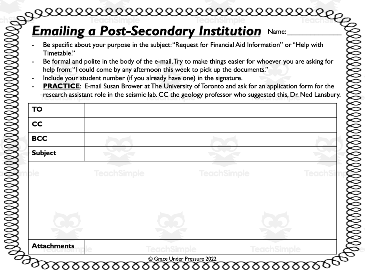 An educational teaching resource from Grace Under Pressure entitled Email a Post-Secondary Institution: Letter Writing and Life Skills downloadable at Teach Simple.