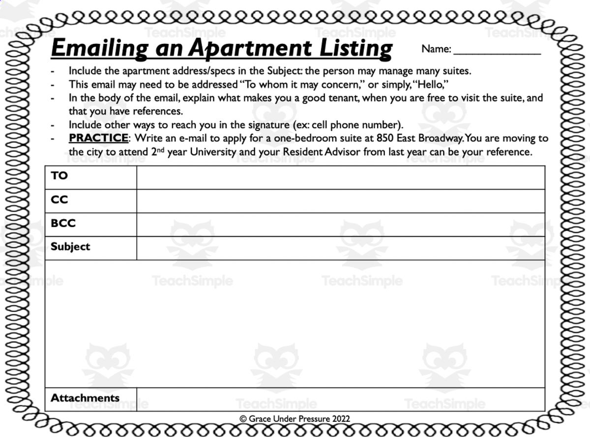 An educational teaching resource from Grace Under Pressure entitled Email an Apartment Listing: Letter Writing and Life Skills downloadable at Teach Simple.