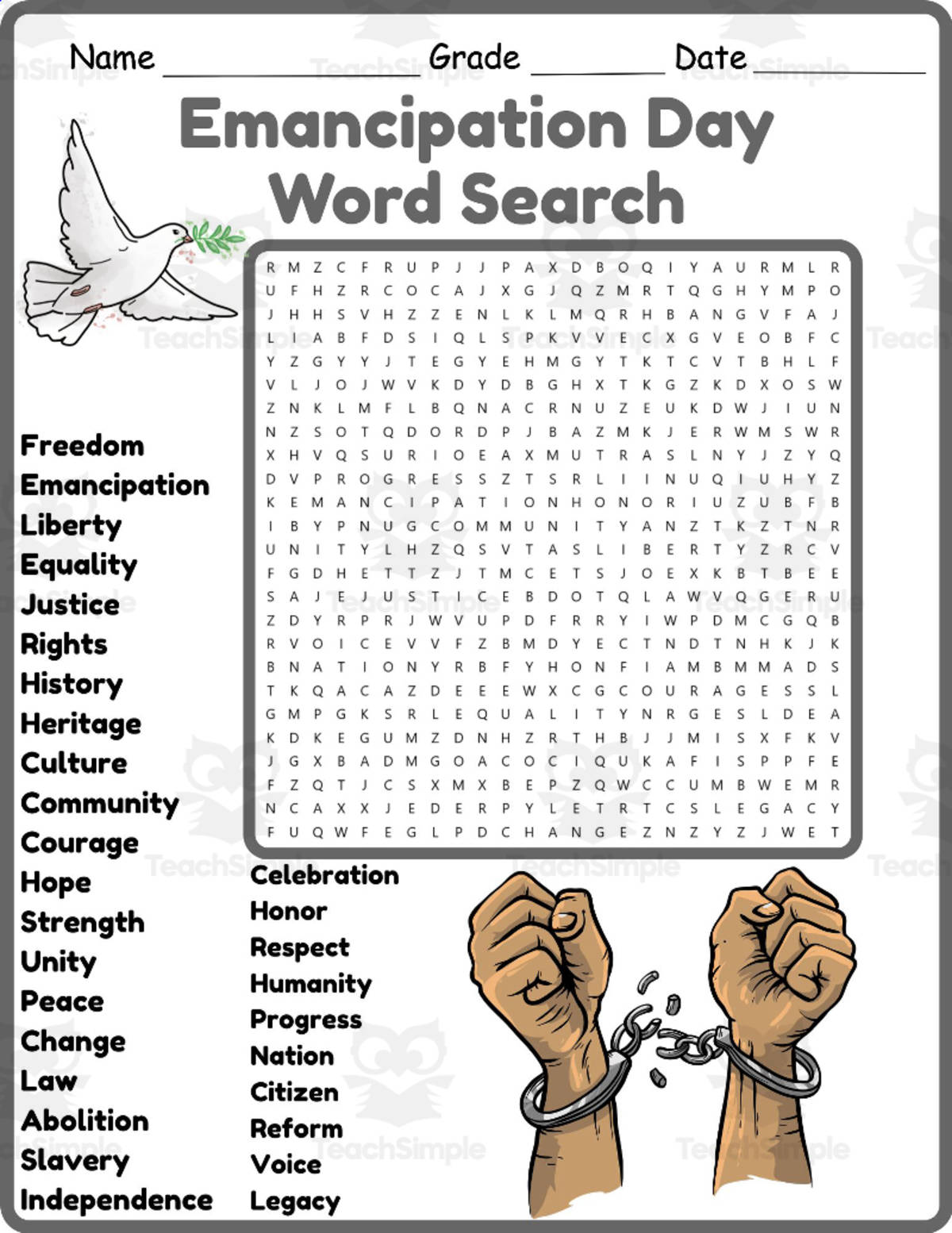 An educational teaching resource from Classsimple entitled Emancipation Day Word Search 2nd 3rd 4th 5th Grade Worksheet Activity downloadable at Teach Simple.