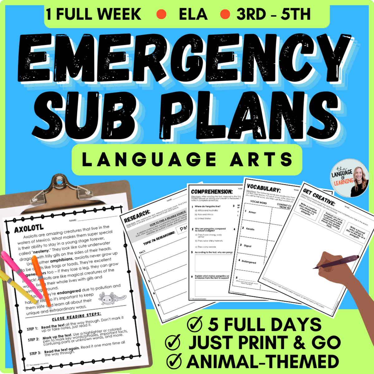 An educational teaching resource from The Language of Learning entitled Emergency Sub Plans for ELA! 5 full days of no prep lessons downloadable at Teach Simple.