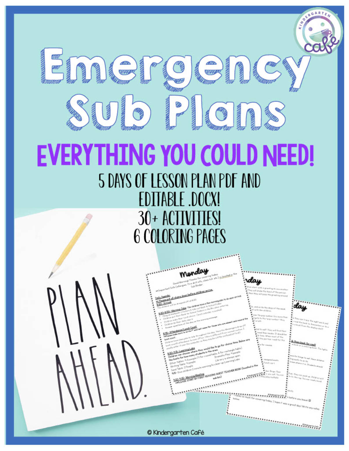 An educational teaching resource from Kindergarten Cafe entitled Emergency Substitute Plans | Literacy & Math Editable Sub Tub downloadable at Teach Simple.