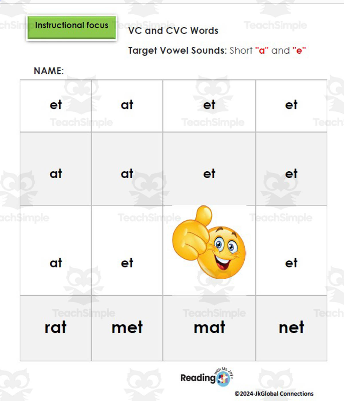An educational teaching resource from JkGlobal Connections- Structured Literacy for Reading Success entitled Emoji VC and CVC RAN Word Play downloadable at Teach Simple.
