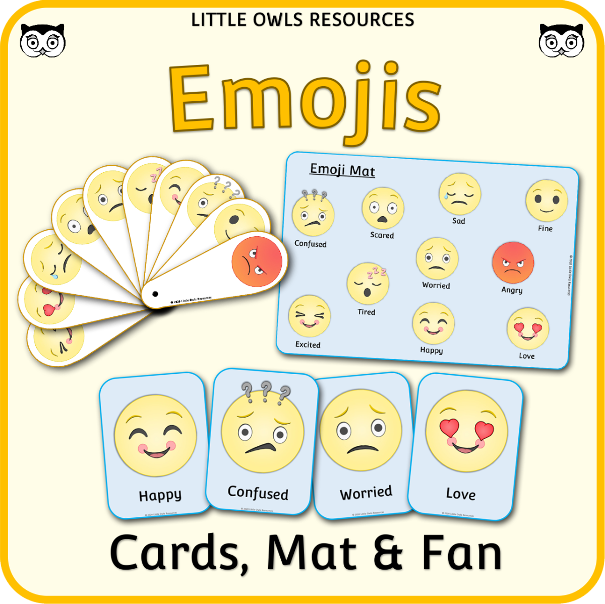An educational teaching resource from Little Owls Resources entitled Emojis Pack - Emotion Cards, Mat and Fan downloadable at Teach Simple.