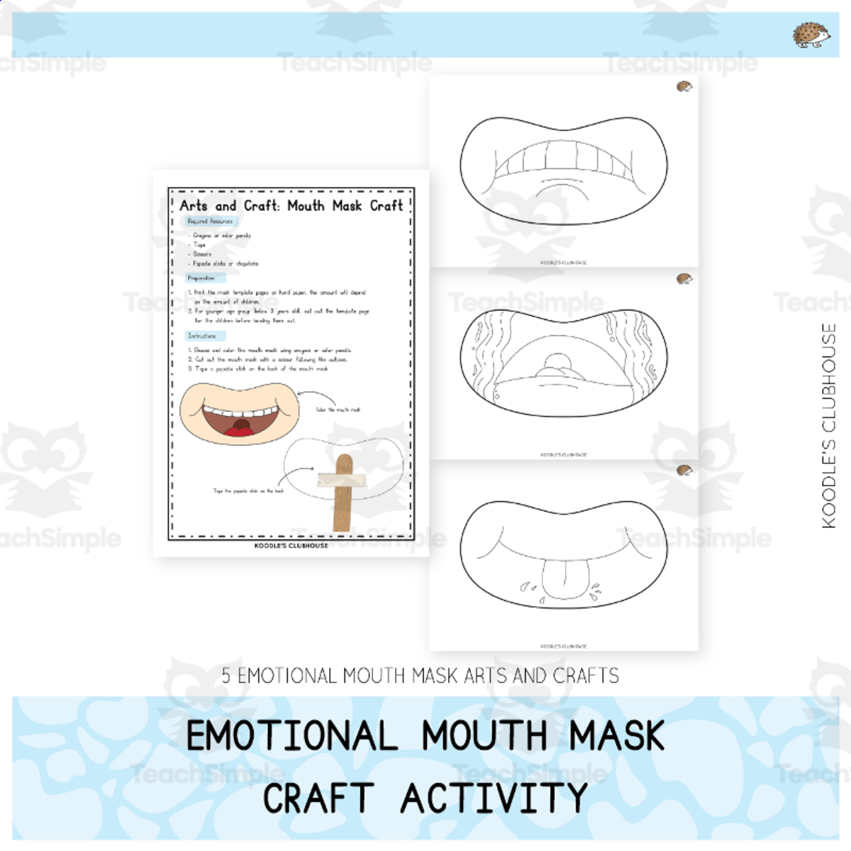 An educational teaching resource from Koodles Clubhouse entitled Emotion Masks Craft – Feelings & Emotions Activity downloadable at Teach Simple.
