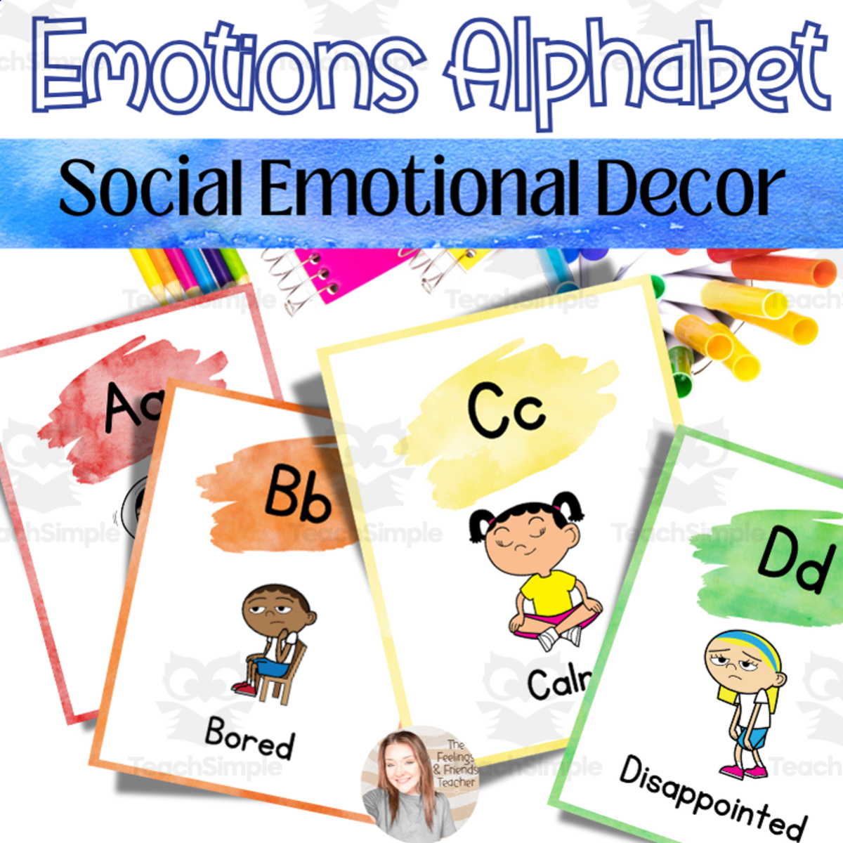 An educational teaching resource from The Feelings and Friends Teacher entitled Emotions Alphabet Posters | ]Counseling Decor Feelings Posters downloadable at Teach Simple.