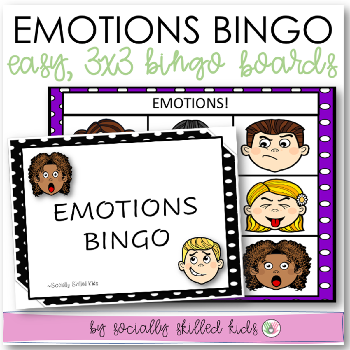 An educational teaching resource from Socially Skilled Kids entitled Emotions BINGO 3x3 downloadable at Teach Simple.