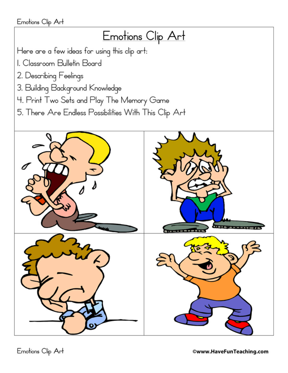 An educational teaching resource from Have Fun Teaching entitled Emotions Clip Art downloadable at Teach Simple.
