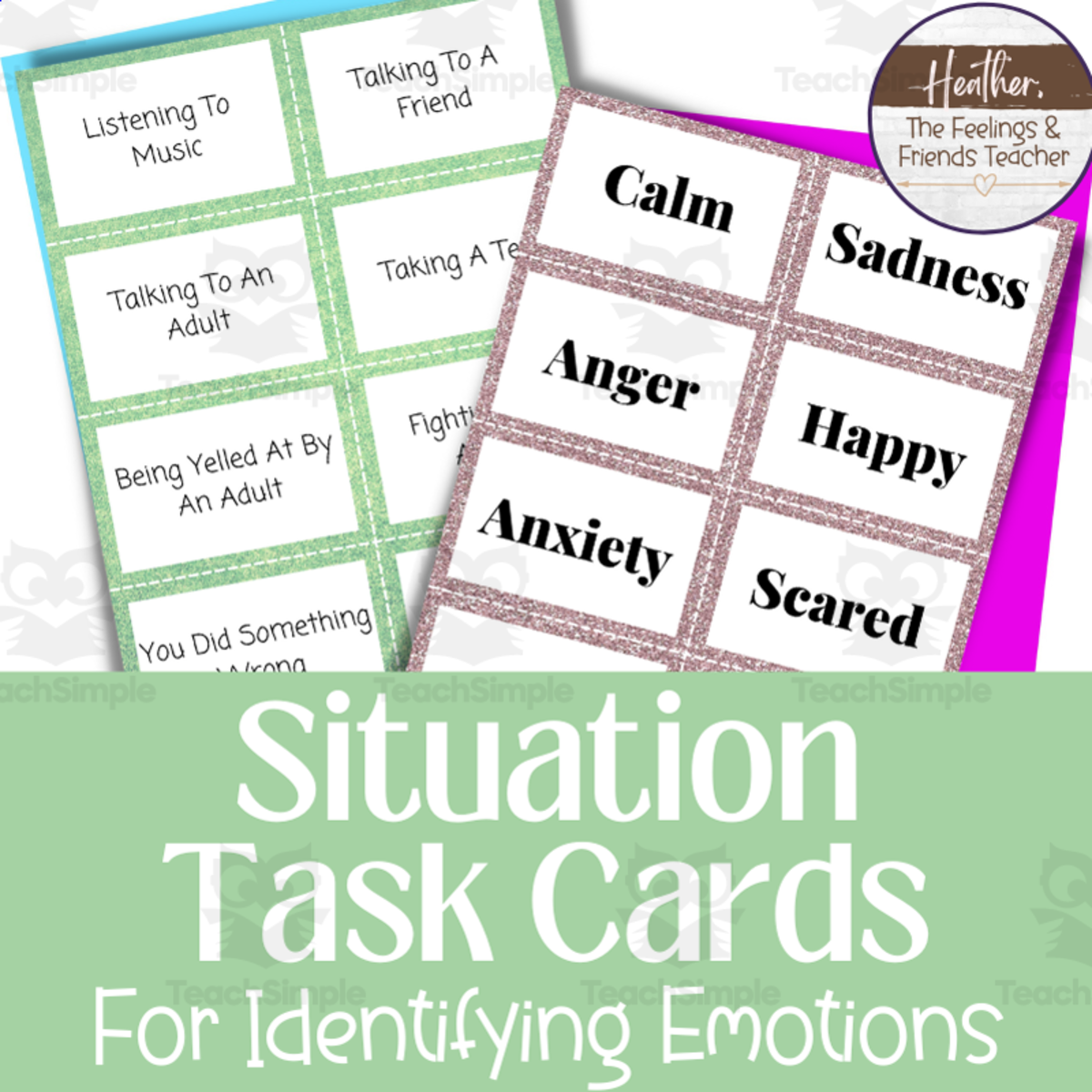 An educational teaching resource from The Feelings and Friends Teacher entitled Emotions Situation Task Cards For Identifying Emotions With Kids downloadable at Teach Simple.