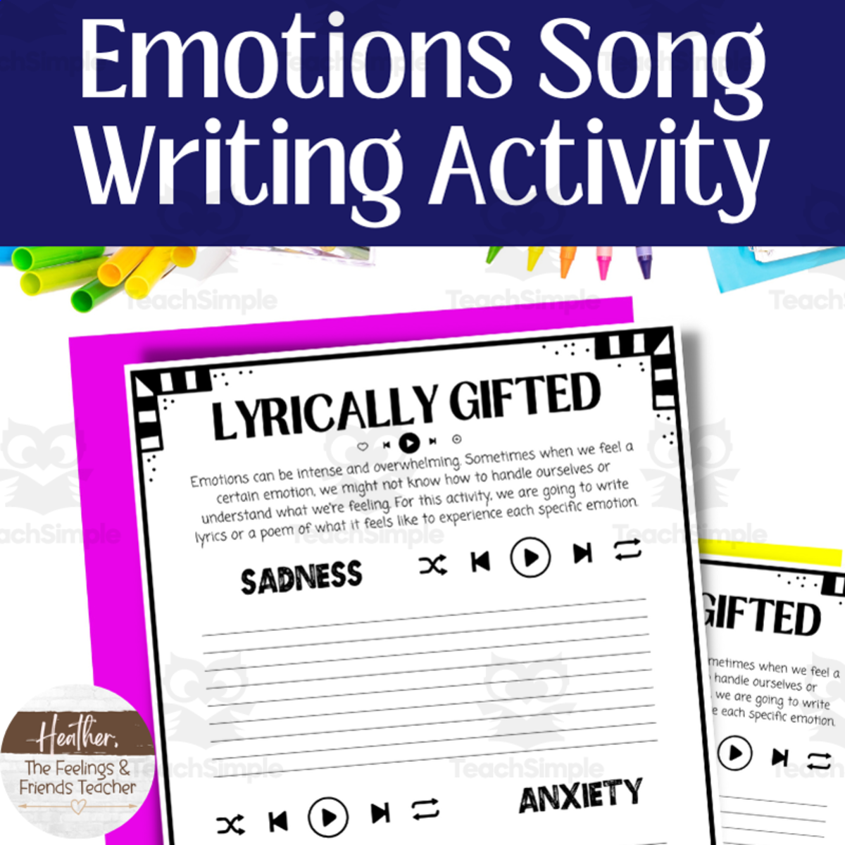 An educational teaching resource from The Feelings and Friends Teacher entitled Emotions Song Writing Printable Activity For Emotional Reflection in Students downloadable at Teach Simple.