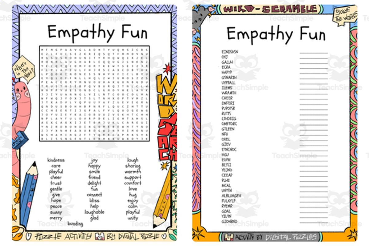 An educational teaching resource from Lapiiin Art Activities entitled Empathy Fun word search & scramble downloadable at Teach Simple.