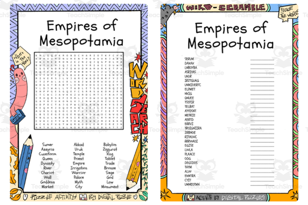 An educational teaching resource from Lapiiin Art Activities entitled Empires of Mesopotamia word search & scramble downloadable at Teach Simple.