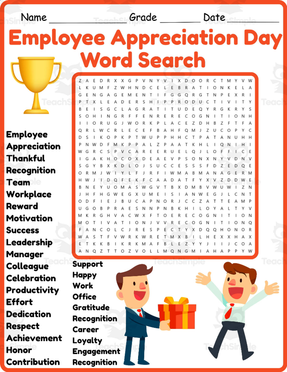 An educational teaching resource from Classsimple entitled Employee Appreciation Day Word Search 2nd 3rd 4th 5th Grade Worksheet downloadable at Teach Simple.