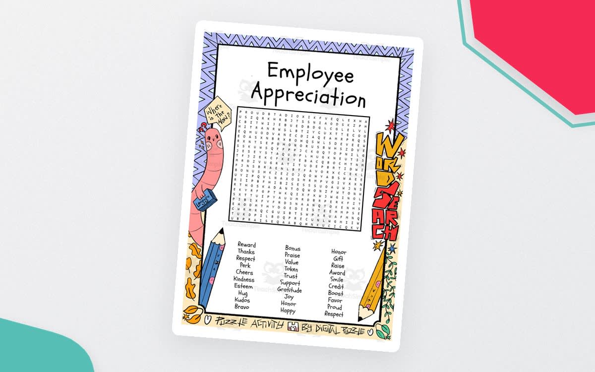 An educational teaching resource from Lapiiin Art Activities entitled Employee Appreciation word search puzzle worksheet activity downloadable at Teach Simple.