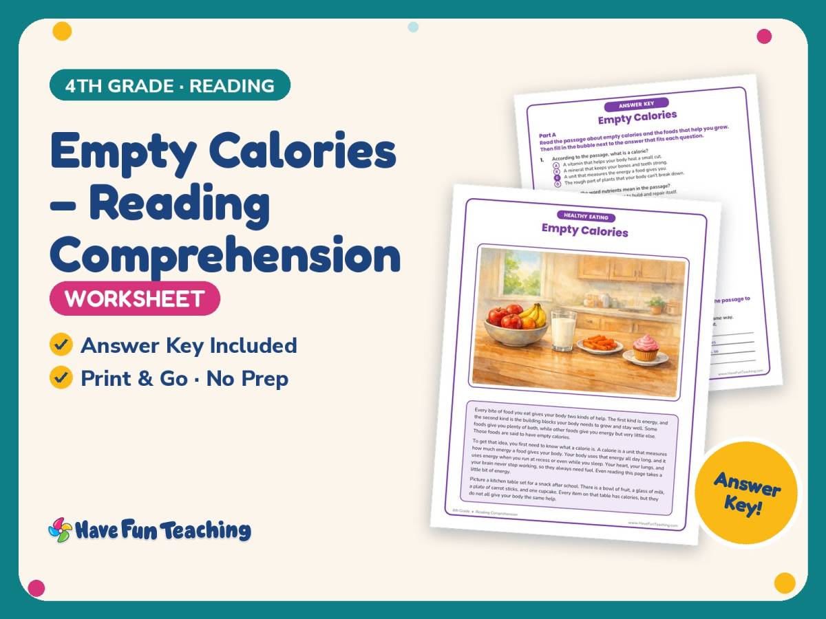 Empty Calories – Reading Comprehension Worksheet – 4th Grade Practice preview