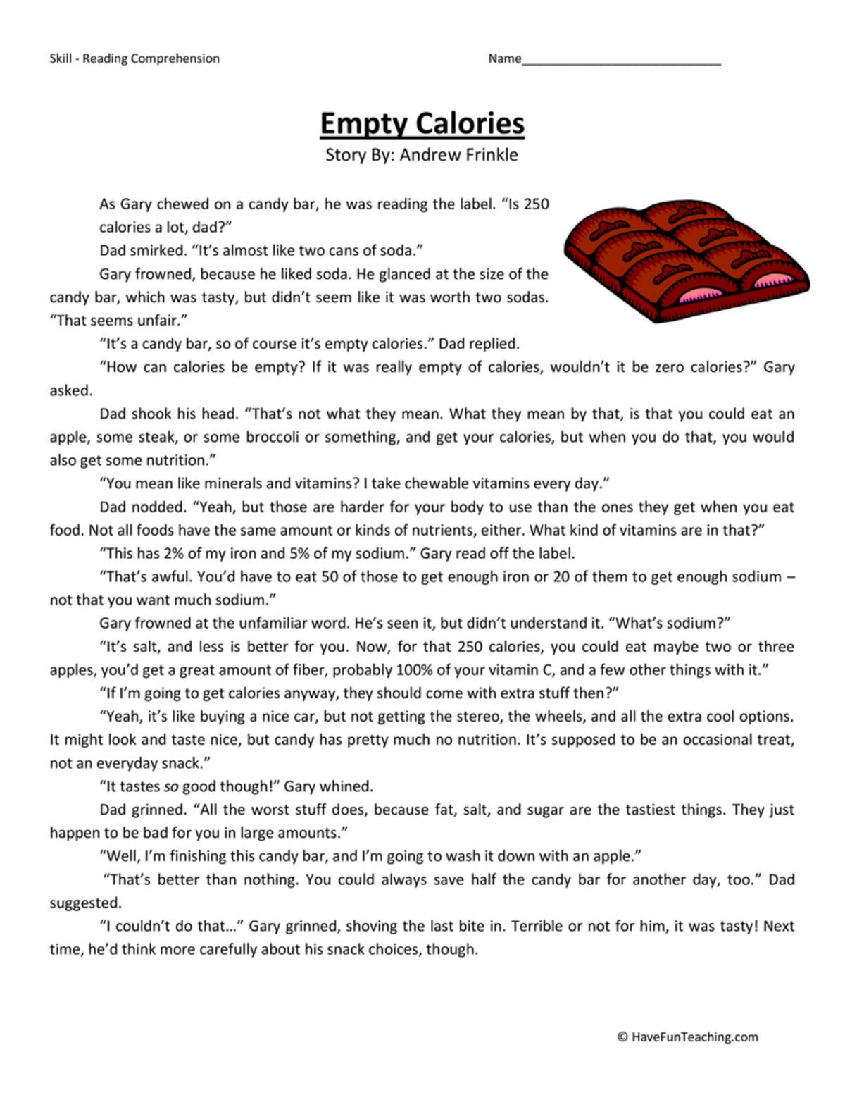 An educational teaching resource from Have Fun Teaching entitled Empty Calories - Reading Comprehension Worksheet downloadable at Teach Simple.