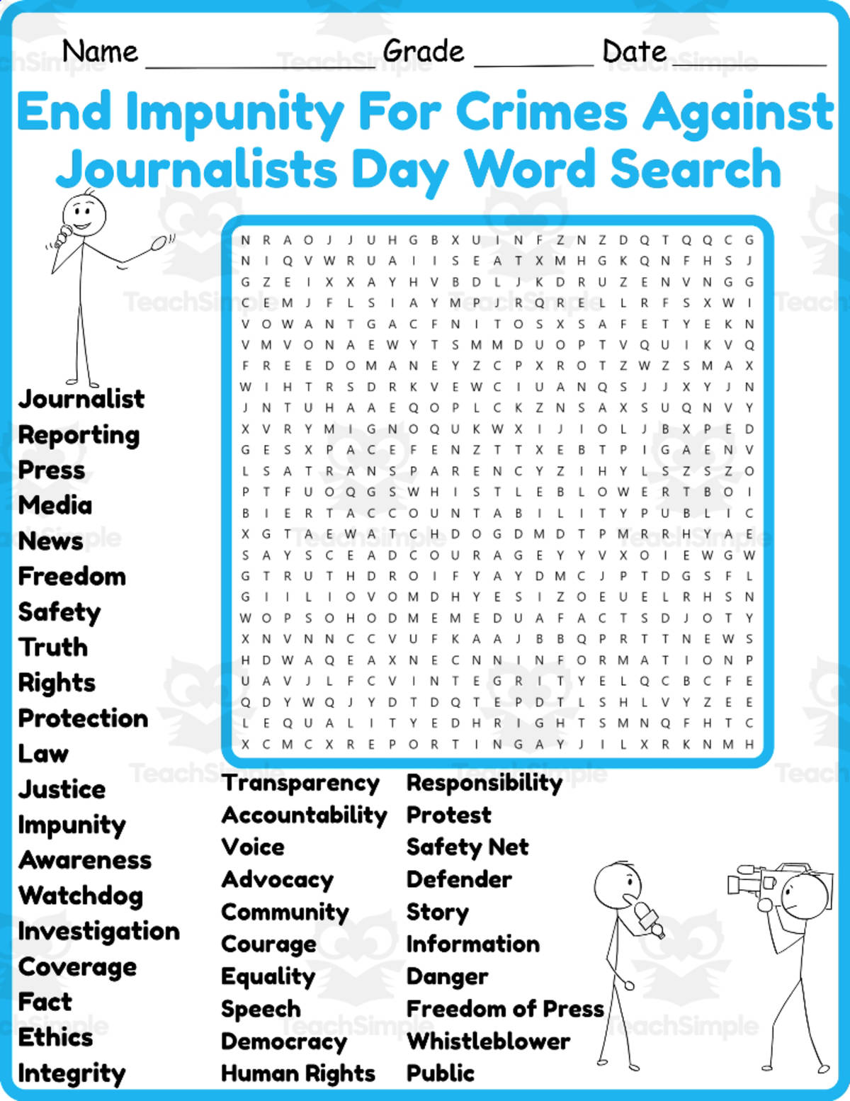 An educational teaching resource from Classsimple entitled End Impunity for Crimes against Journalists Day Word search 2nd grade downloadable at Teach Simple.