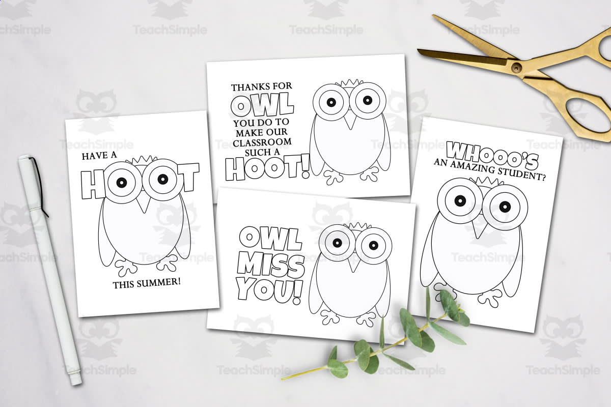 An educational teaching resource from Forever June Digital Design entitled End of School Year Notes from Teacher, Printable Colouring Cards for Students, Owl Coloring Activity, Educator Resources, Instant Download downloadable at Teach Simple.