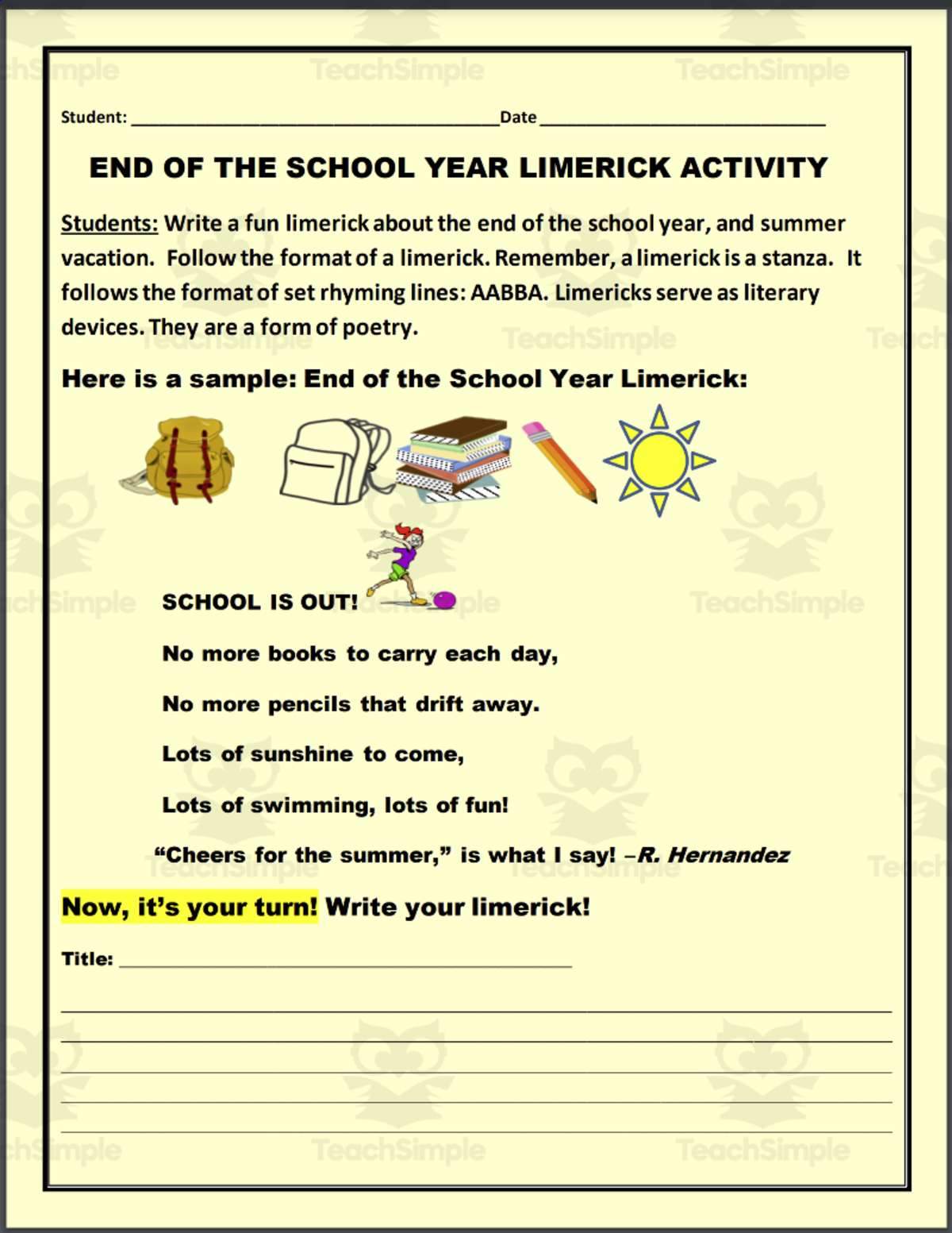 An educational teaching resource from THE LANTERN OF KNOWLEDGE entitled End of the School Year Limerick Activity downloadable at Teach Simple.