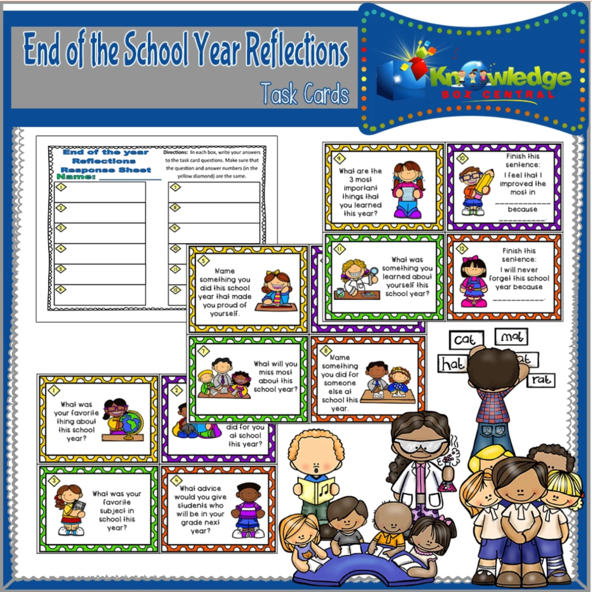 An educational teaching resource from Knowledge Box Central entitled End of the School Year Reflections Task Cards - EBOOK downloadable at Teach Simple.