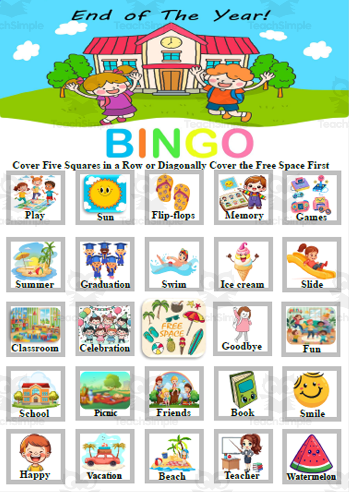 An educational teaching resource from Bambolina55 entitled End of The Year Bingo Game Fun Engaging Activitiy for Kindergarten downloadable at Teach Simple.