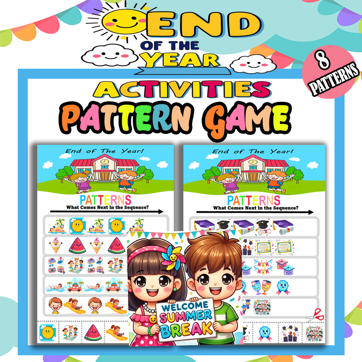 An educational teaching resource from Bambolina55 entitled End of The Year Finish the Pattern Worksheets Activity Puzzles for Pre downloadable at Teach Simple.