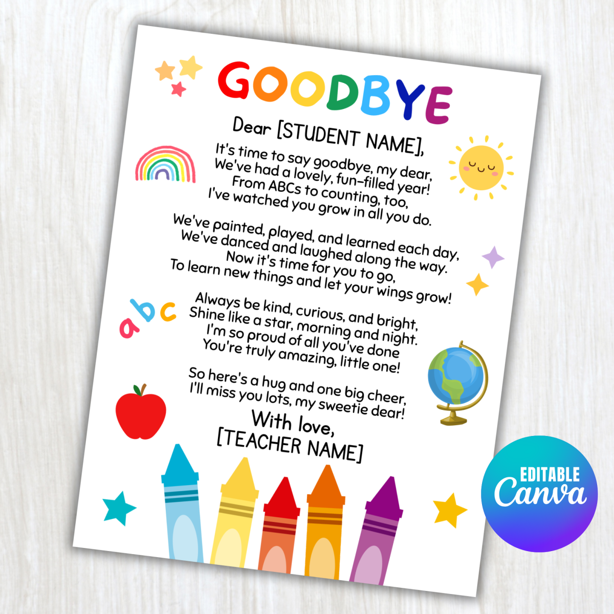 An educational teaching resource from screenzro entitled End Of The Year Letter To Students From Teacher Goodbye Poem Gift downloadable at Teach Simple.
