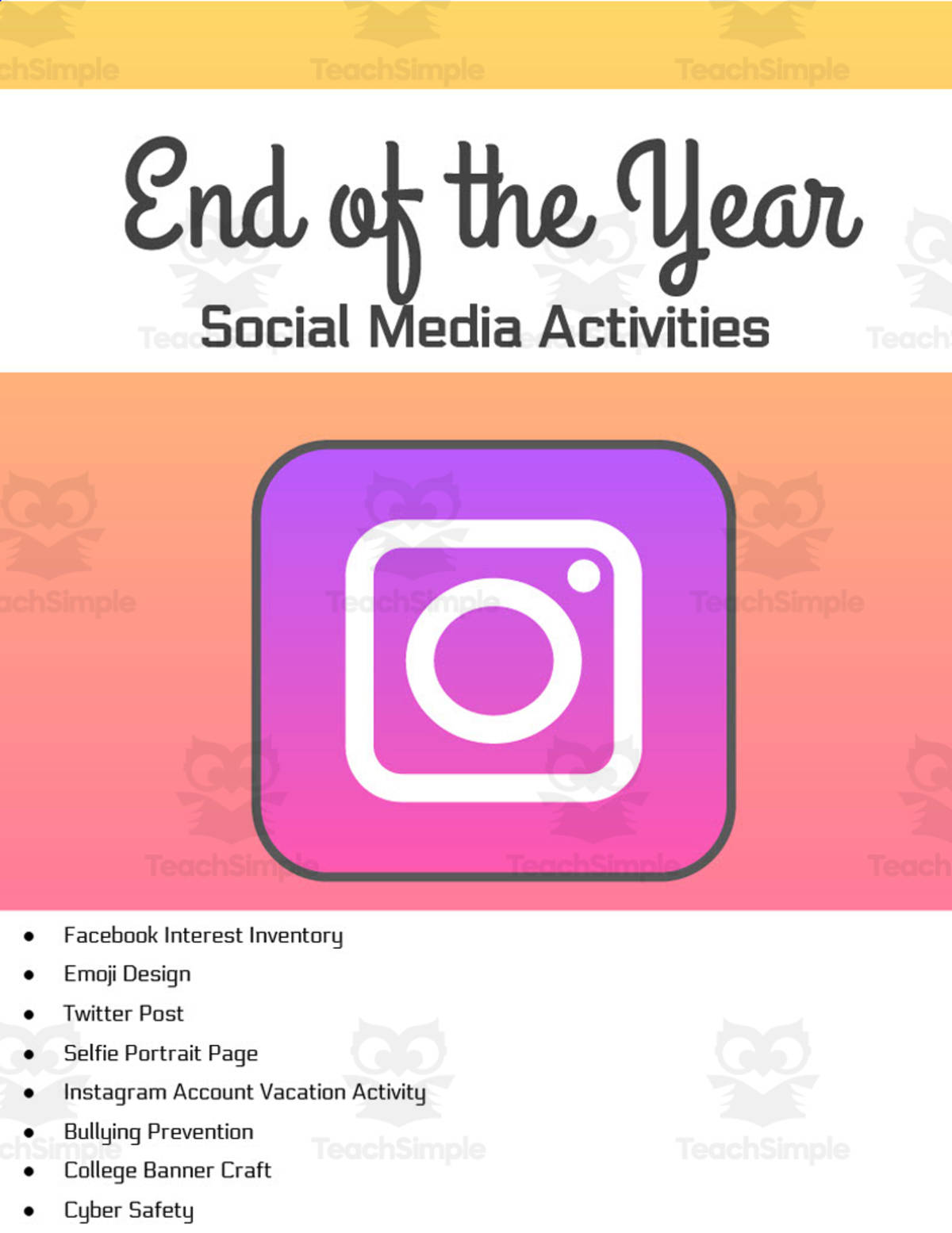 An educational teaching resource from Hey Teacher Shoppe entitled End of the Year Social Media Activities downloadable at Teach Simple.
