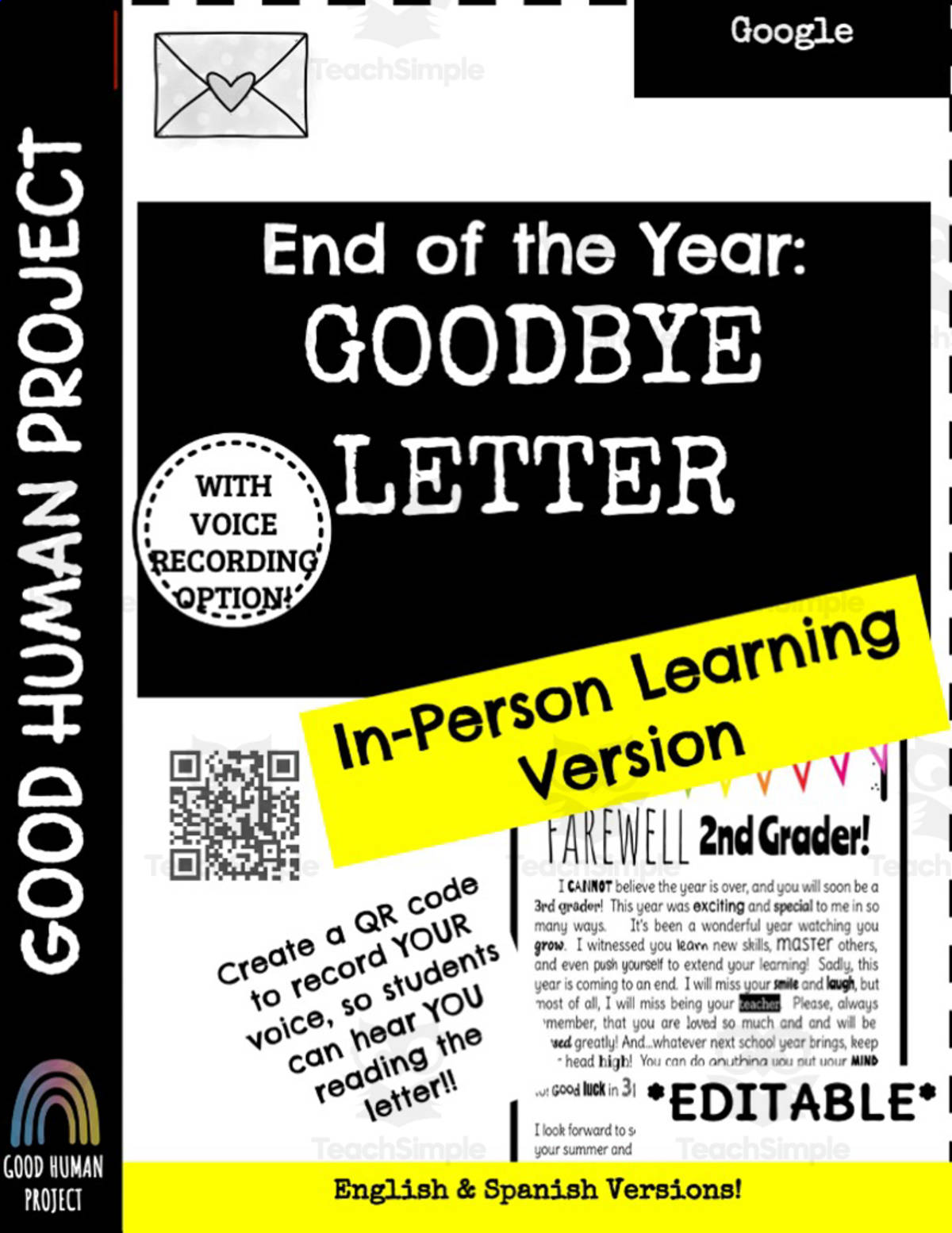 An educational teaching resource from Good Human Project entitled End of the Year Teacher Farewell Letter downloadable at Teach Simple.