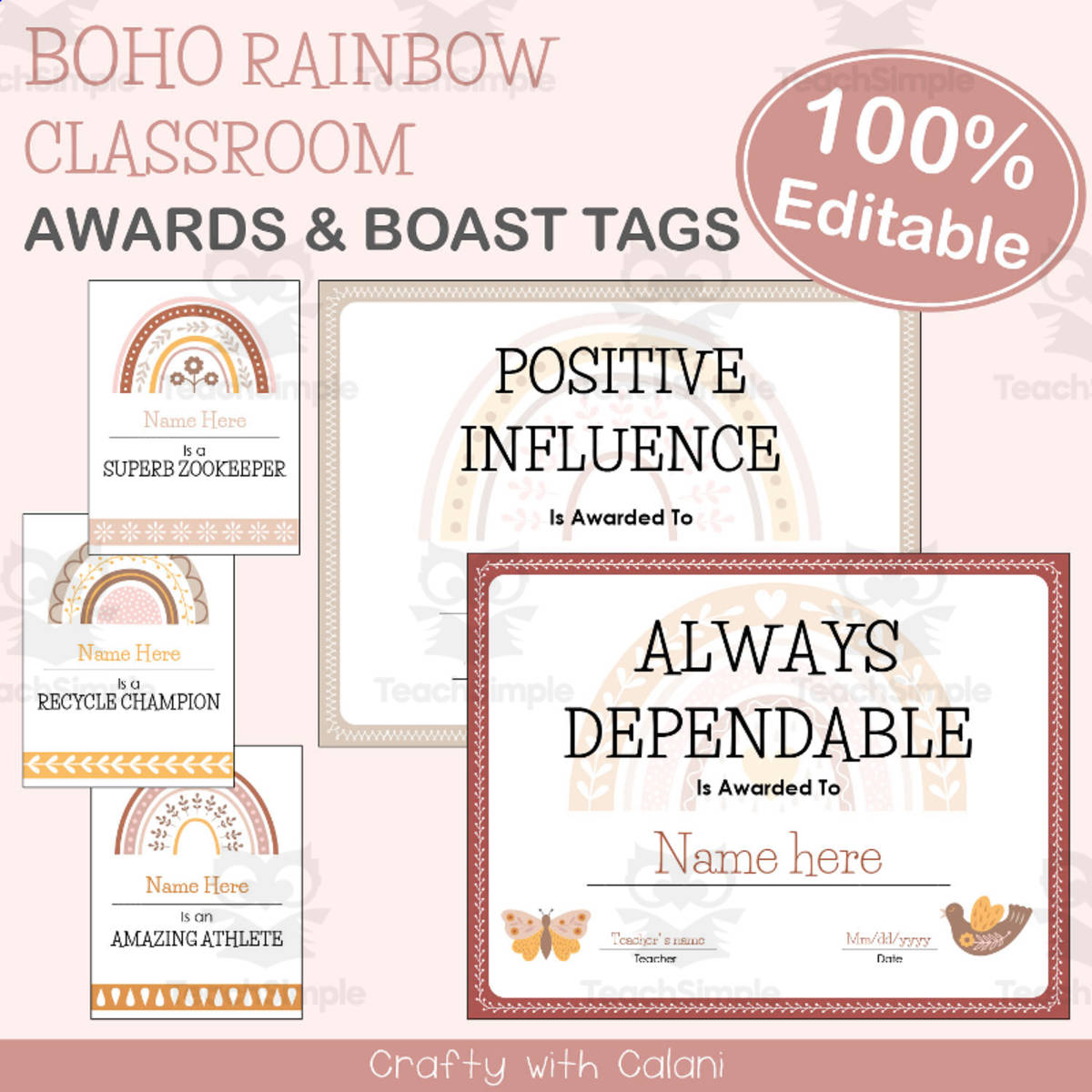 An educational teaching resource from Crafty with Calani entitled End Of Year Classroom Awards in Boho Rainbow Theme - 100% Editable downloadable at Teach Simple.