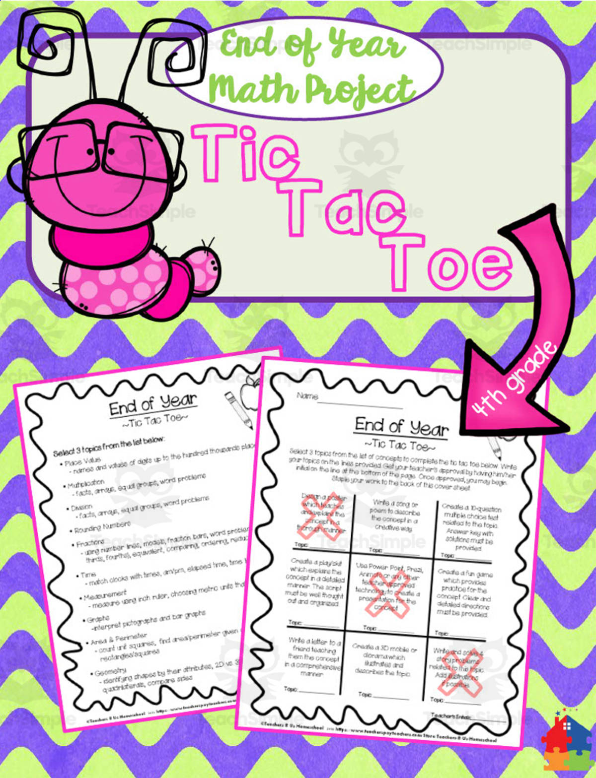 An educational teaching resource from Teachers R Us Homeschool entitled End of Year Math Project | 4th Grade Tic-Tac-Toe downloadable at Teach Simple.