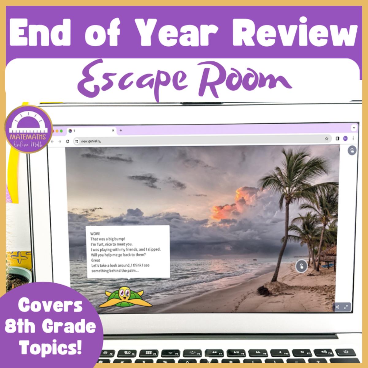 An educational teaching resource from Matemaths entitled End of Year Summer 8th Grade Math Review | Digital Escape Room downloadable at Teach Simple.
