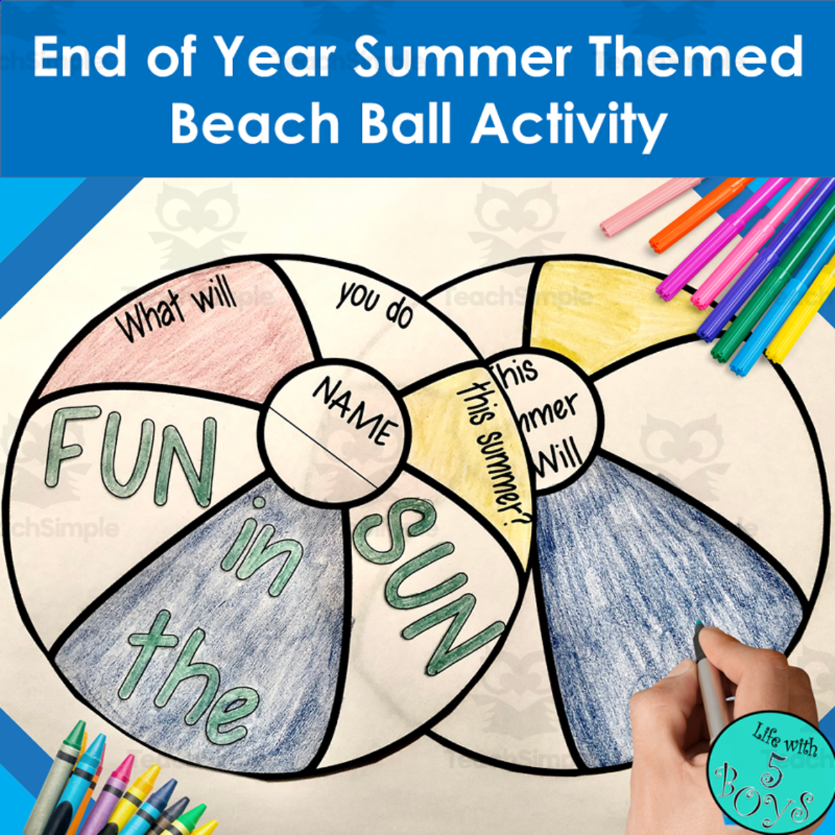 An educational teaching resource from Life with 5 Boys entitled End of Year Summer Themed Beach Ball Activity downloadable at Teach Simple.