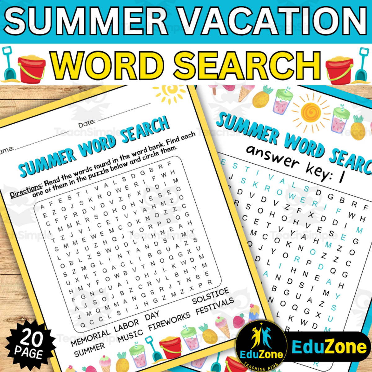 An educational teaching resource from Style Your Classroom entitled End-of-Year Summer Word Search: Fun Activity for Kids And Great for Students! downloadable at Teach Simple.