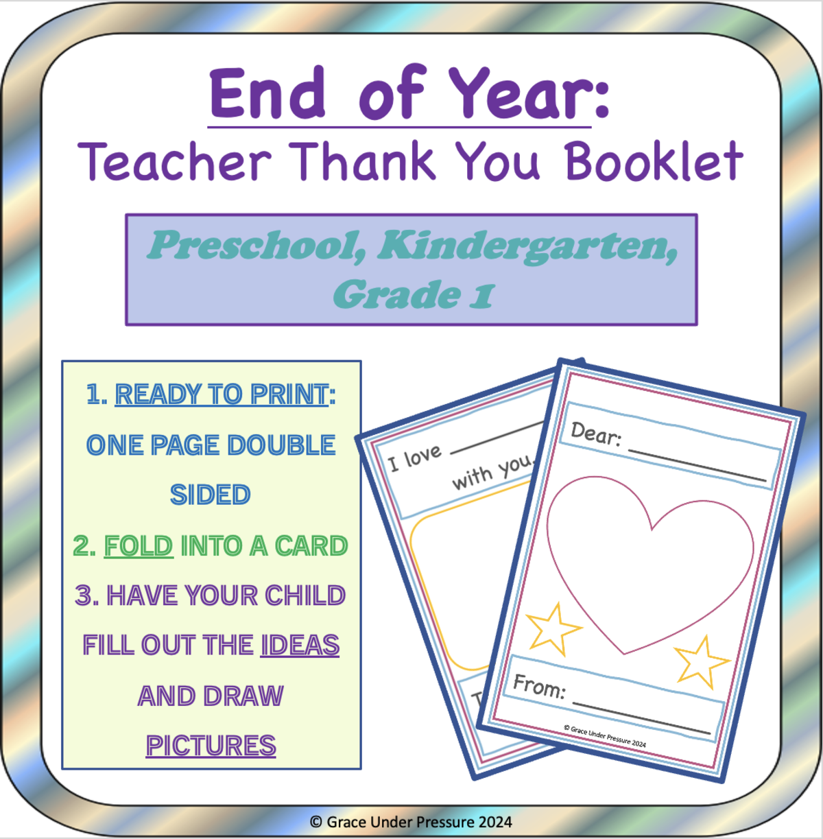 An educational teaching resource from Grace Under Pressure entitled End of Year Teacher Thank You Card: Pre-K, Kindergarten, Grade 1 downloadable at Teach Simple.
