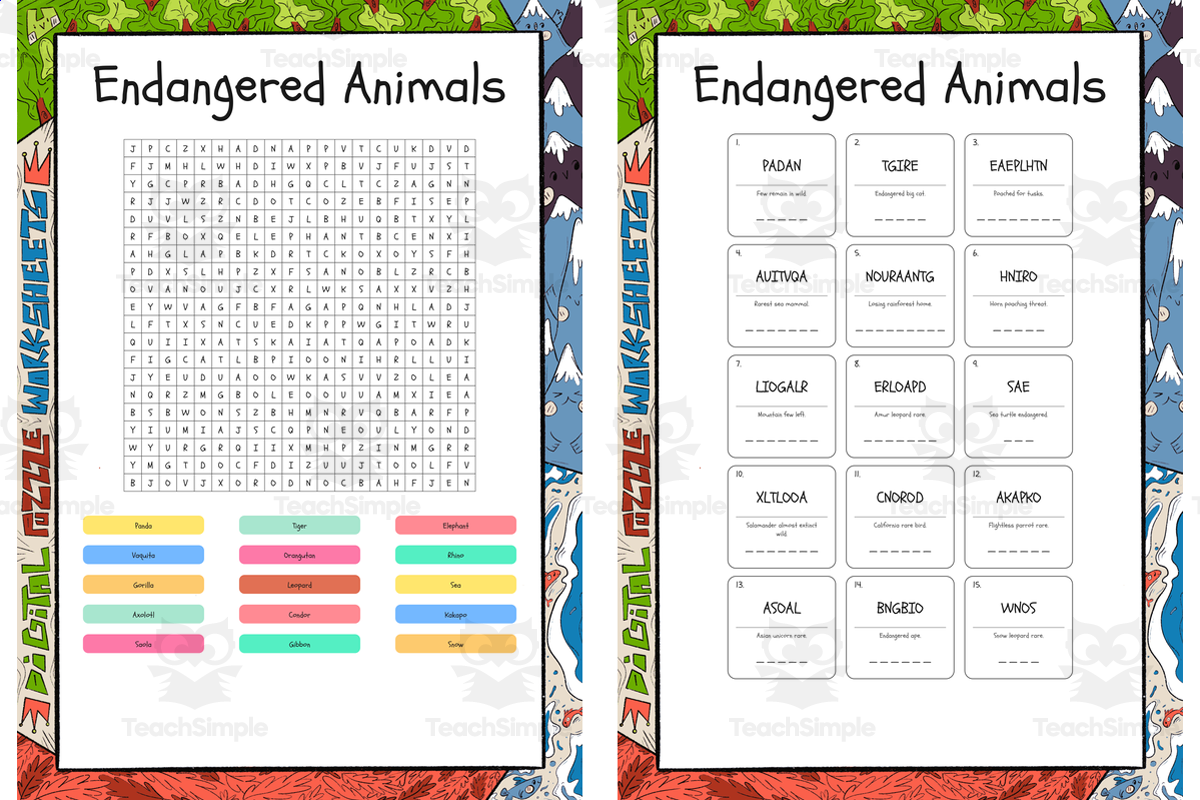 An educational teaching resource from Lapiiin Art Activities entitled Endangered Animals word search, scramble and crossword downloadable at Teach Simple.