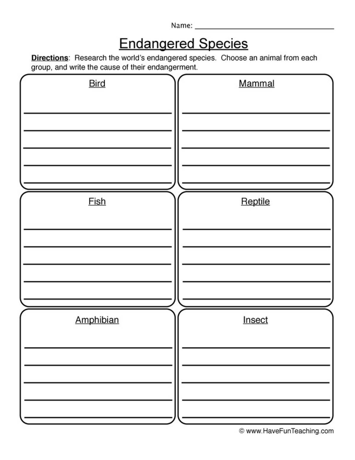 An educational teaching resource from Have Fun Teaching entitled Endangered Species Examples Worksheet downloadable at Teach Simple.