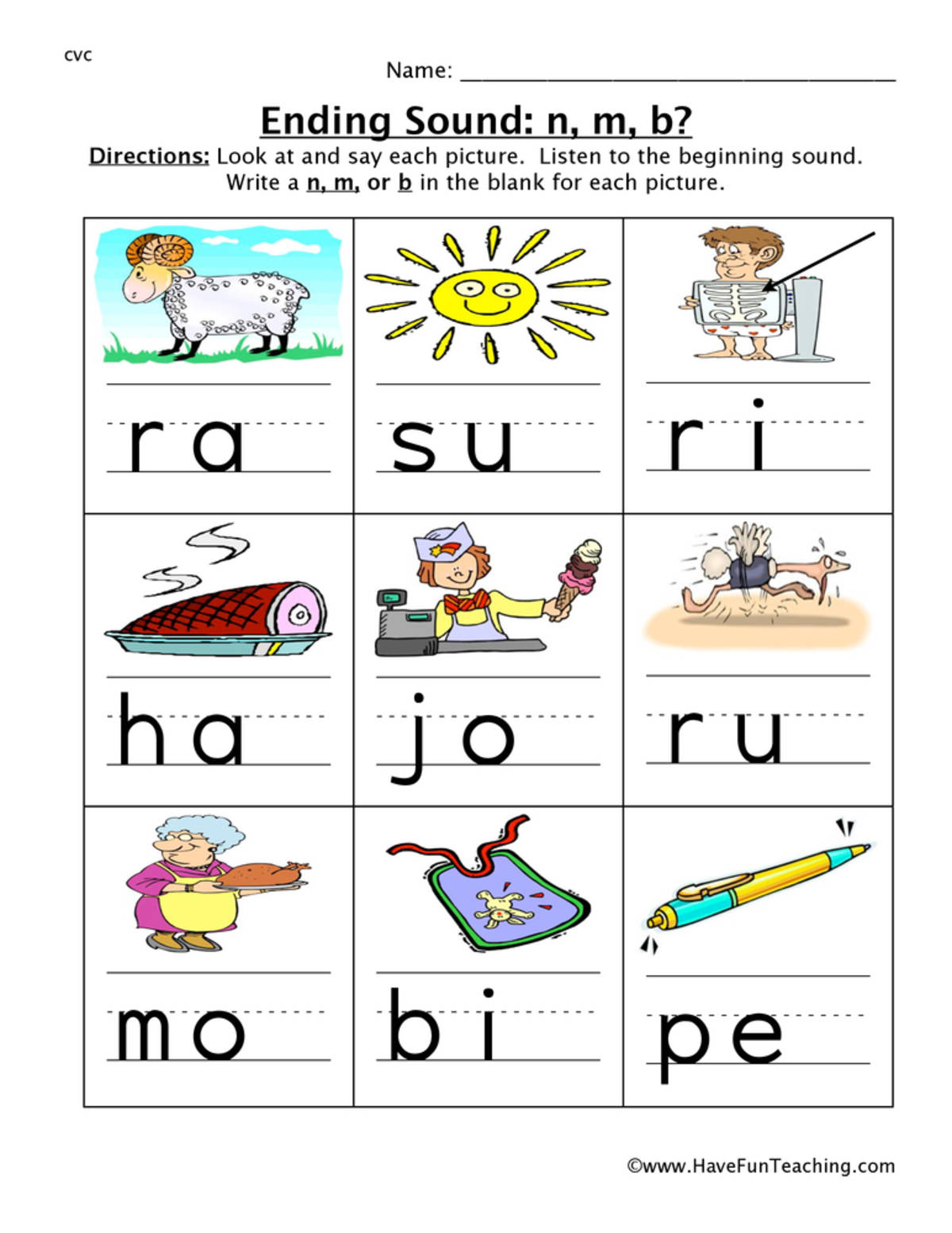 An educational teaching resource from Have Fun Teaching entitled Ending Sound N M B Worksheet downloadable at Teach Simple.