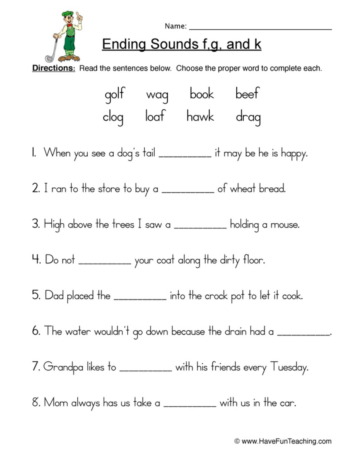 An educational teaching resource from Have Fun Teaching entitled Ending Sounds F G K Sentences Worksheet downloadable at Teach Simple.