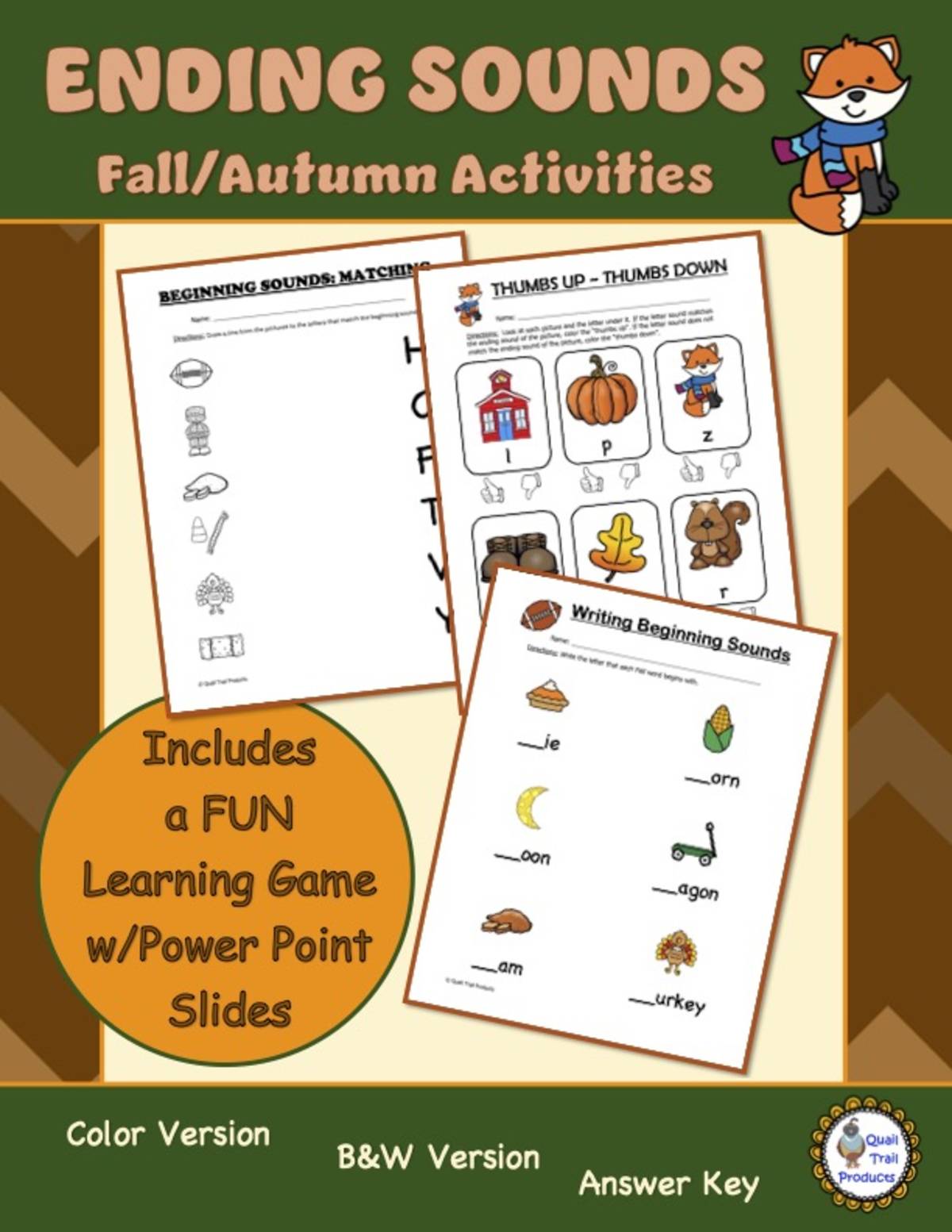 An educational teaching resource from Quail Trail Products entitled ENDING SOUNDS Fall/Autumn Worksheets and Learning Activities downloadable at Teach Simple.