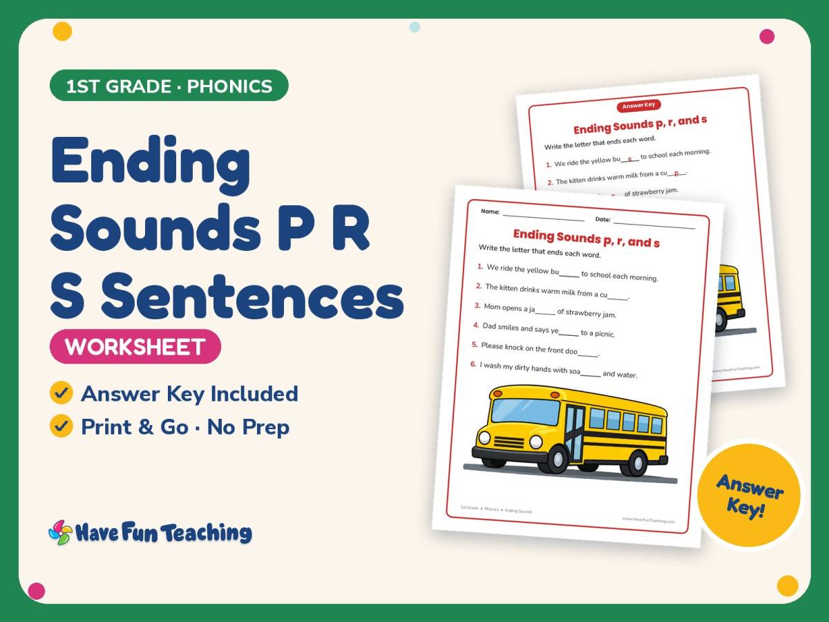 Ending Sounds P R S Sentences Worksheet – 1st Grade Consonants preview