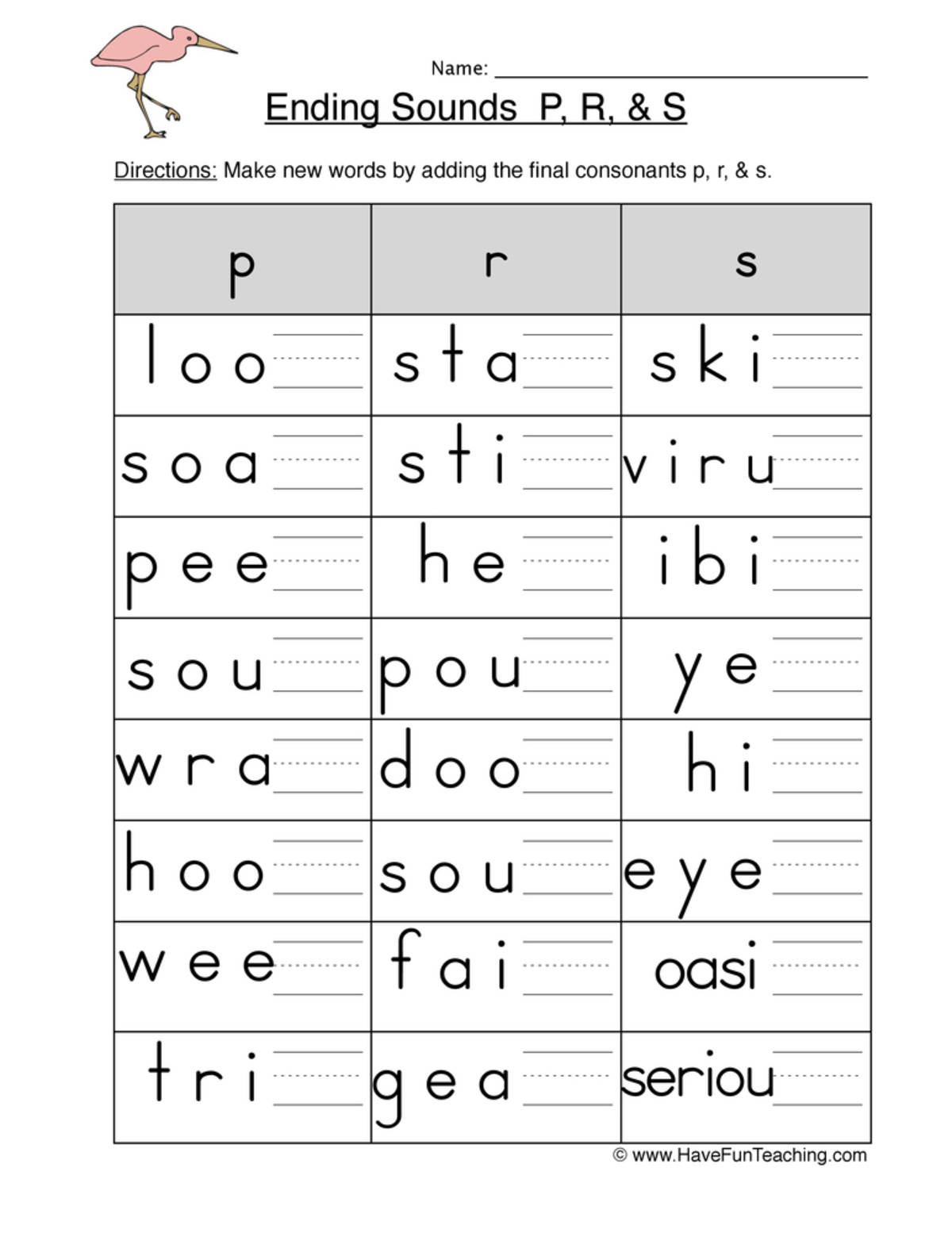 An educational teaching resource from Have Fun Teaching entitled Ending Sounds P R S Worksheet downloadable at Teach Simple.