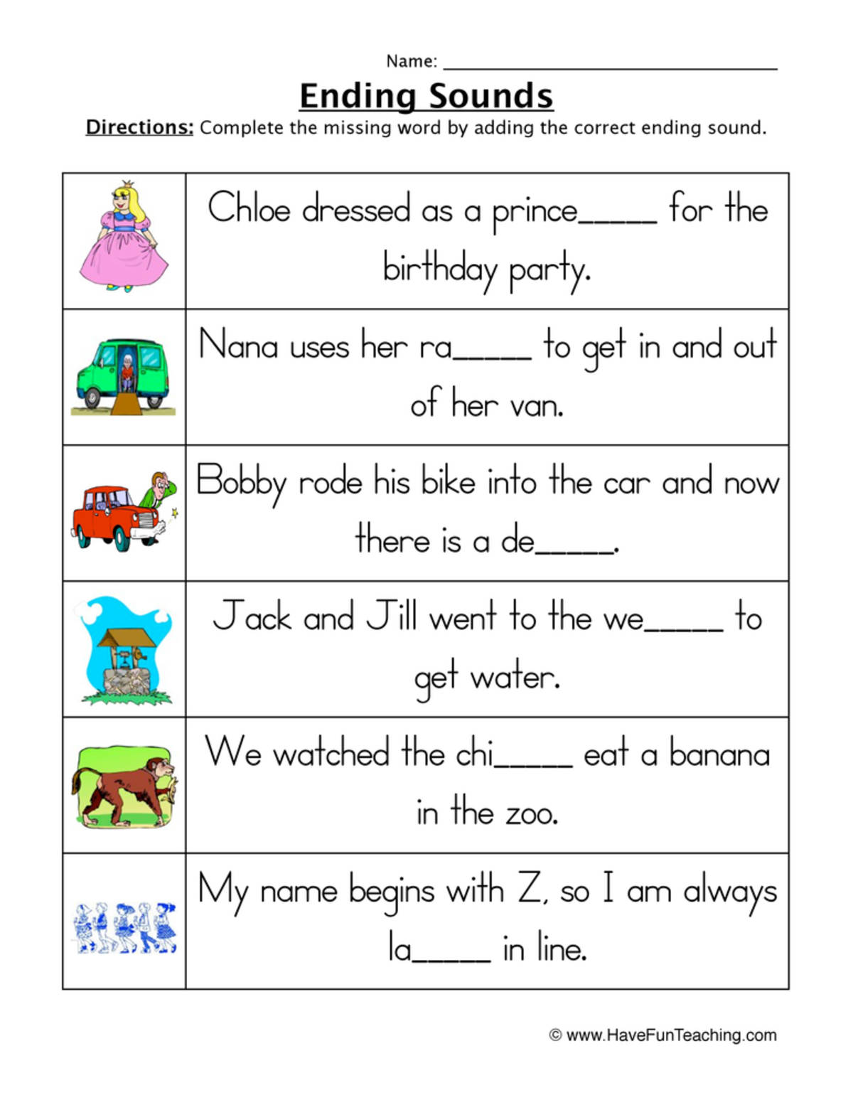 An educational teaching resource from Have Fun Teaching entitled Ending Sounds Sentences Worksheet downloadable at Teach Simple.