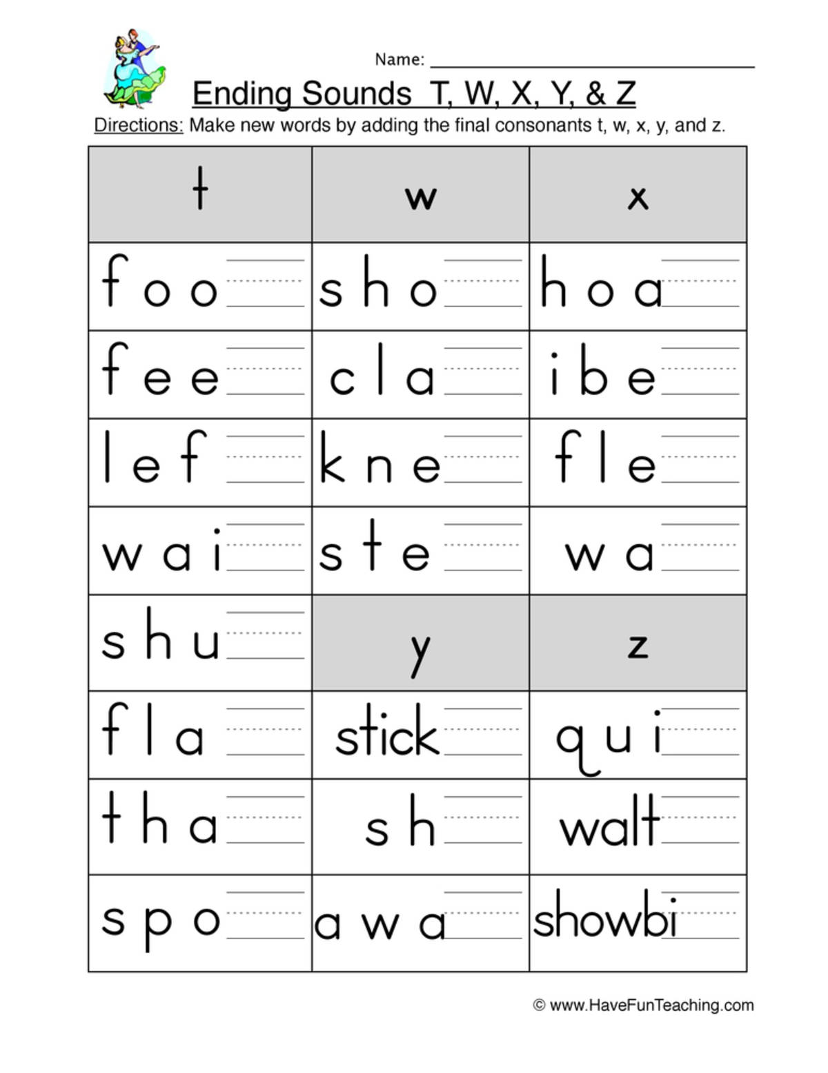 An educational teaching resource from Have Fun Teaching entitled Ending Sounds T W X Y Z Worksheet downloadable at Teach Simple.