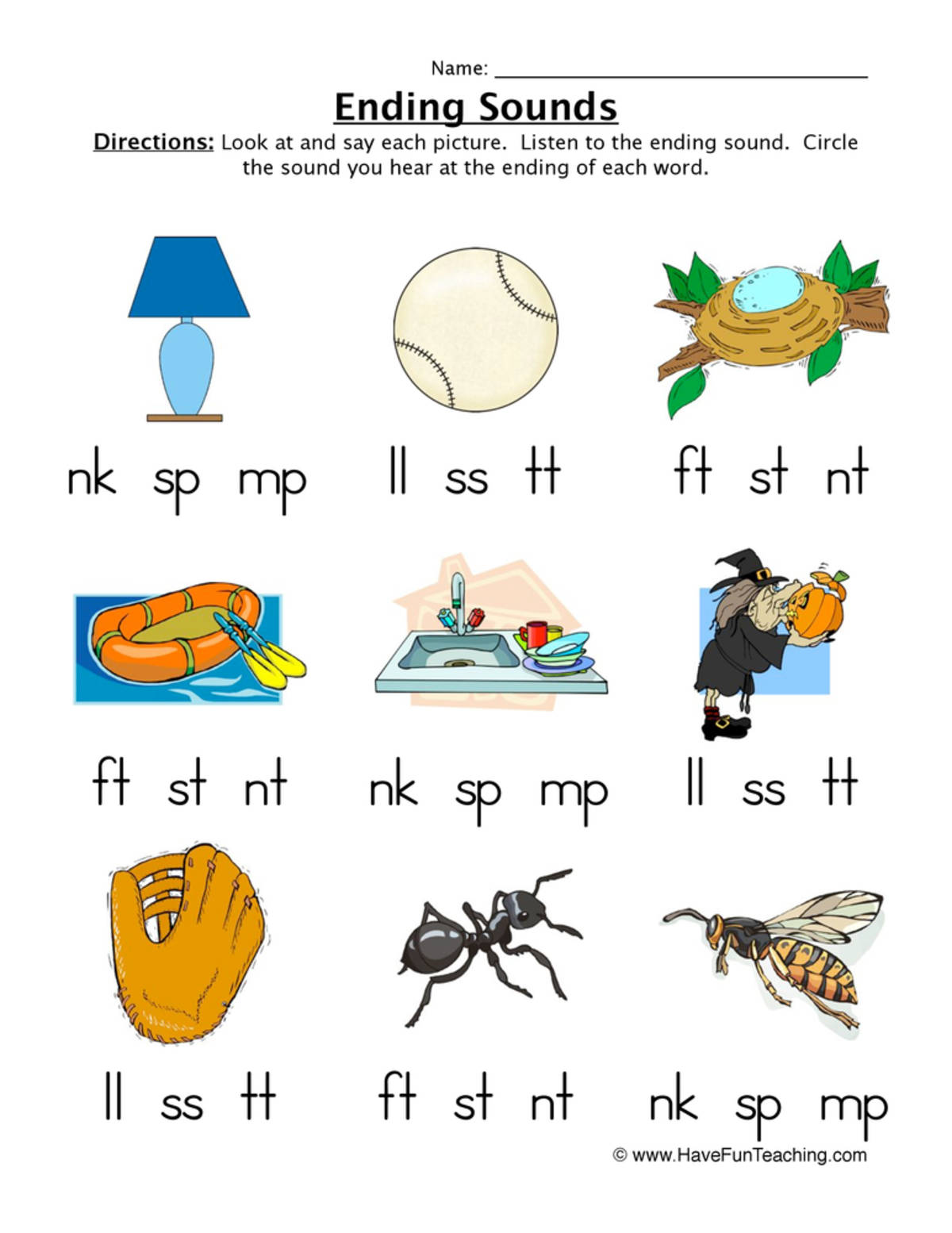 An educational teaching resource from Have Fun Teaching entitled Ending Sounds Worksheet downloadable at Teach Simple.