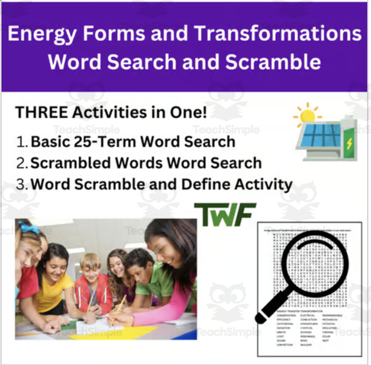 An educational teaching resource from Teach With Fergy entitled Energy Forms and Transformations Word Search and Scramble Activity downloadable at Teach Simple.