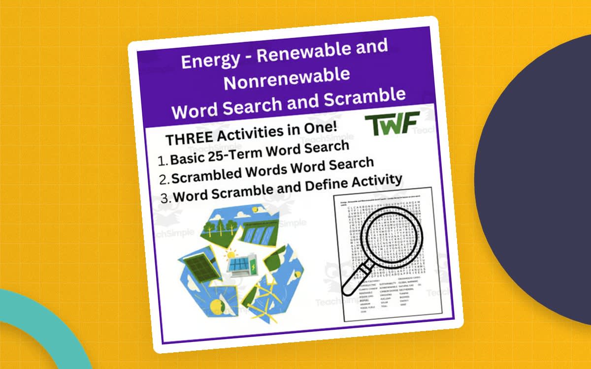 An educational teaching resource from Teach With Fergy entitled Energy - Renewable and Nonrenewable Word Search and Scramble Activity downloadable at Teach Simple.