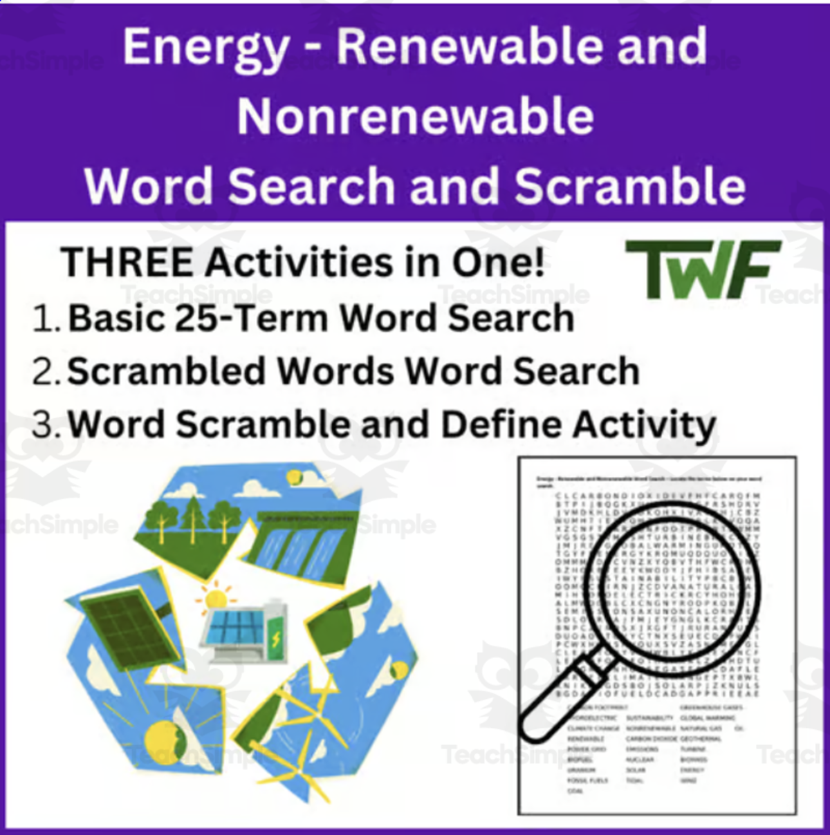An educational teaching resource from Teach With Fergy entitled Energy - Renewable and Nonrenewable Word Search and Scramble Activity downloadable at Teach Simple.