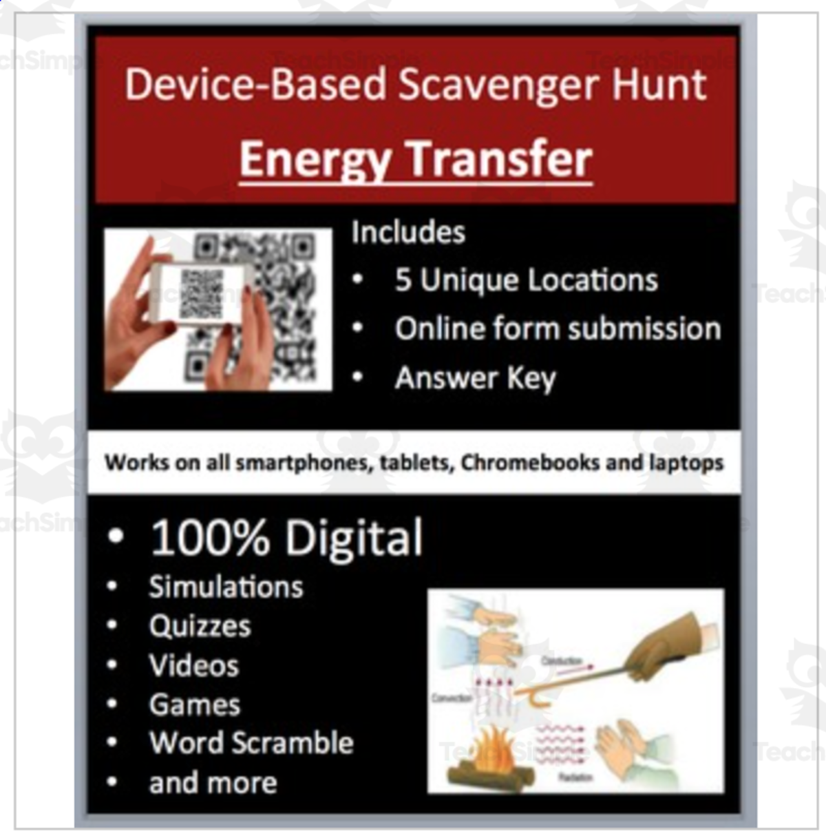 An educational teaching resource from Teach With Fergy entitled Energy Transfer – Device-Based Scavenger Hunt Activity downloadable at Teach Simple.
