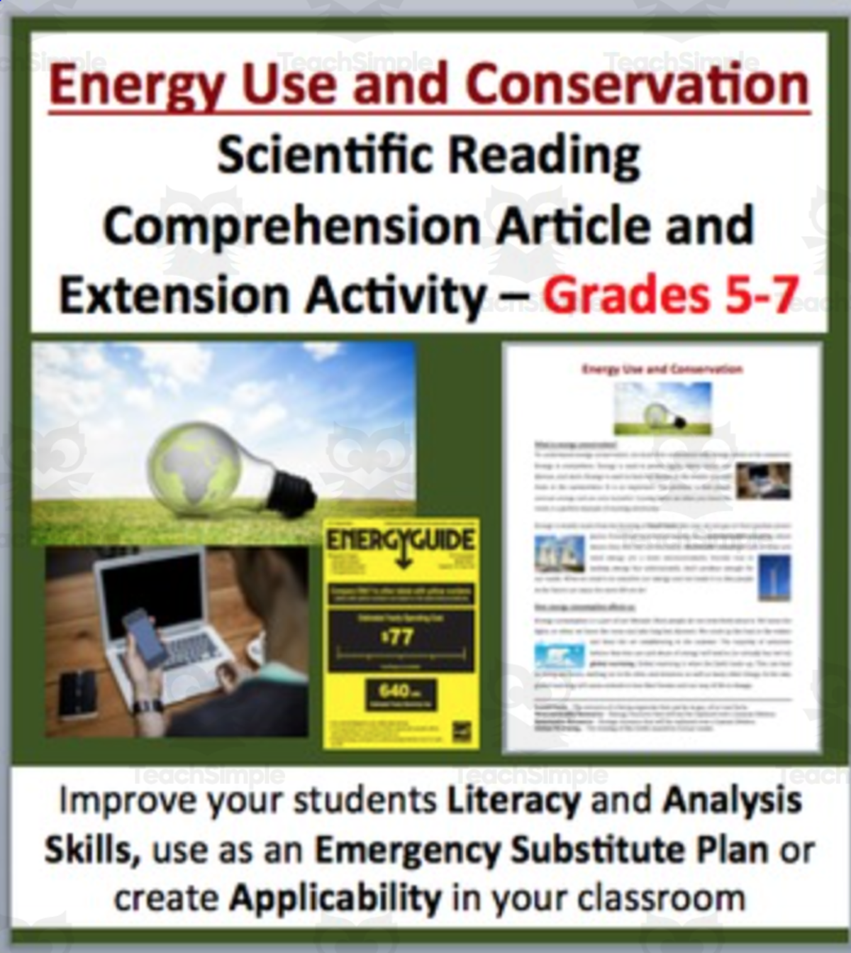 An educational teaching resource from Teach With Fergy entitled Energy Use and Conservation - Digital Science Reading Article – Grades 5-7 downloadable at Teach Simple.