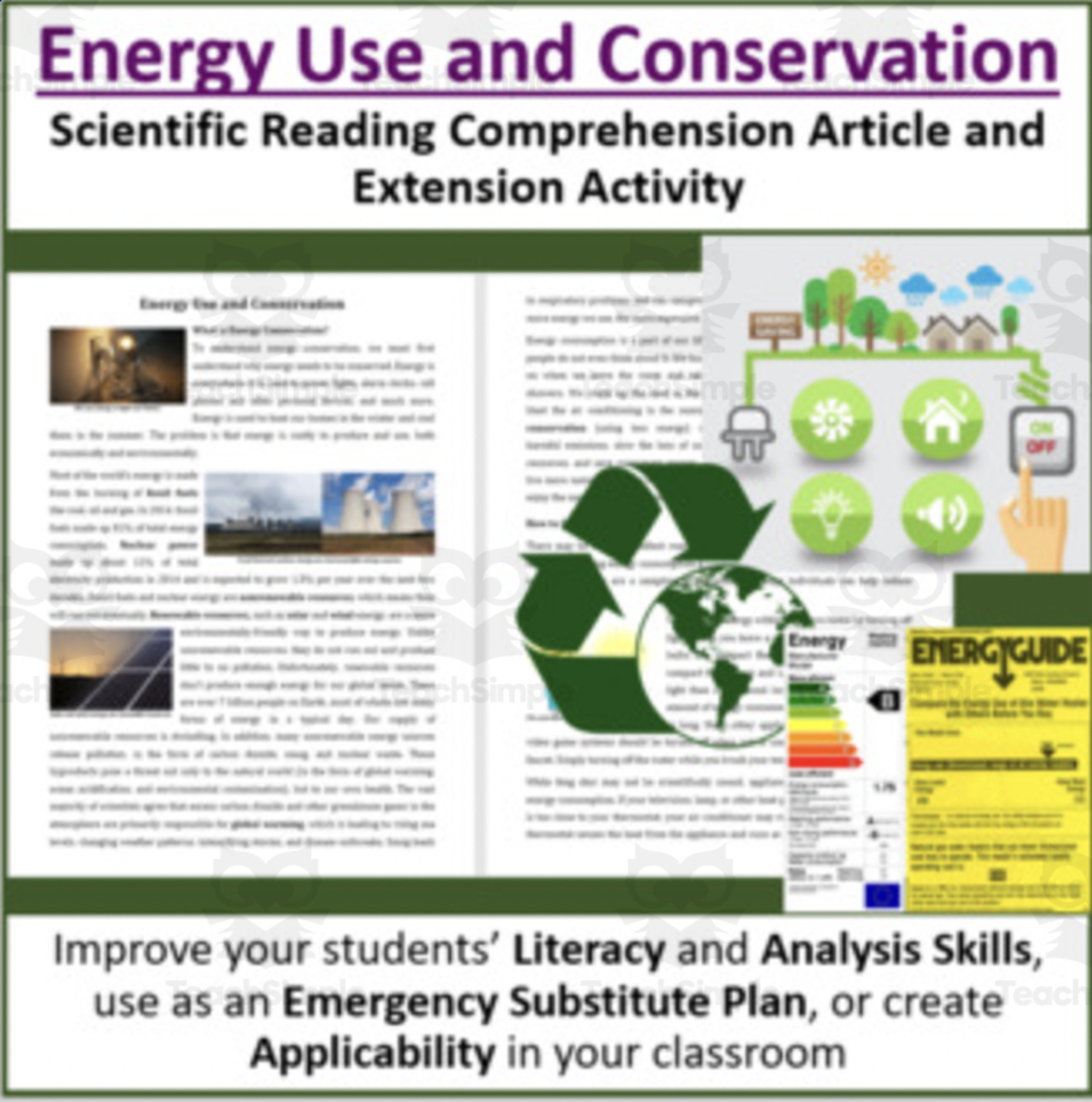 An educational teaching resource from Teach With Fergy entitled Energy Use and Conservation Reading Comprehension Article downloadable at Teach Simple.